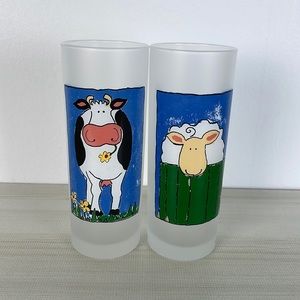 Set of 2 Darlington designs France whimsical country barnyard farm animals glass